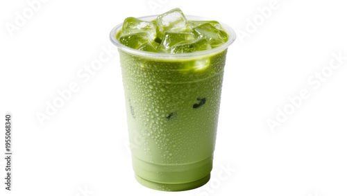 Isolated refreshing iced matcha green tea latte in a plastic cup with condensation drops