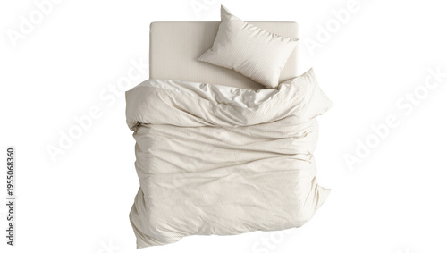 Bild auf Leinwand Isolated comfortable bed with beige and white striped duvet and pillow, top view
