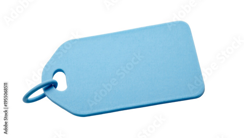 Isolated simple light blue plastic tag with ring for identification or labeling