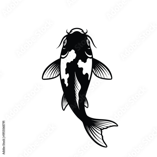 Detailed black and white koi fish tattoo design with flowing fins and traditional Japanese style silhouette