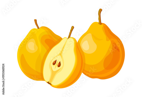 Set of yellow ripe pears in cartoon style. Vector illustration of fresh juicy pears: whole, cut in half, with seeds, isolated on white background. Useful nutritious tree fruits.