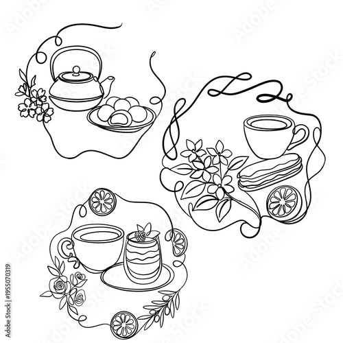 Coffee and tea time line art set with desserts and flowers