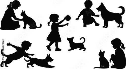 Black silhouettes of children playing with pets, girl with cat, boy with dog, kids feeding animals and having fun, flat vector illustration (21 words)