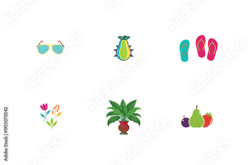 Summer including food and sunglasses yellow flip flops flowers potted plant