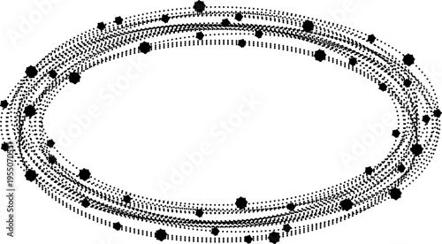 Elliptical orbit paths formed by dotted lines creating layered loop structures