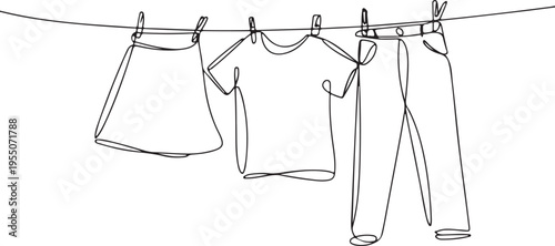 Single line drawing of clothes on a clothesline laundry