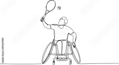 Continuous line illustration of a tennis player in a wheelchair