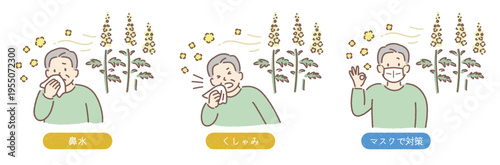 高齢者（男性）のブタクサ花粉症対策｜くしゃみ・鼻水の症状とマスク予防