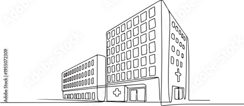 Hospital building with many windows in continuous line art
