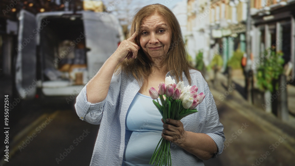 Fototapeta premium Woman holding pink and white tulip bouquet with hands and gesturing with finger beside a parked van and shops on street; serenity.