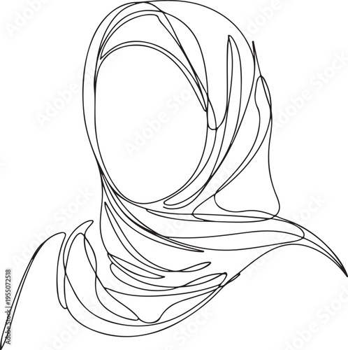 Single line drawing of a woman wearing a hijab on a white background