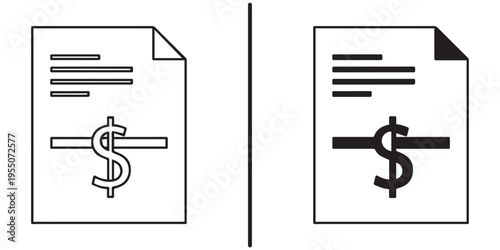 Two documents with dollar signs and lines on a white background