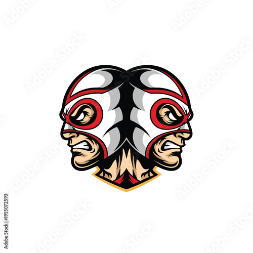 Intense wrestler vector illustration featuring fierce masked luchador with dual profile views in dynamic red white and black design