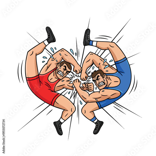 Dynamic wrestler vector illustration of two muscular competitors in red and blue singlets clashing fists intensely during fierce wrestling match