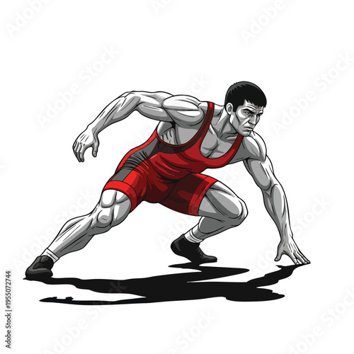 Powerful wrestler vector illustration in dynamic low stance with muscular build red singlet and intense athletic pose on white background