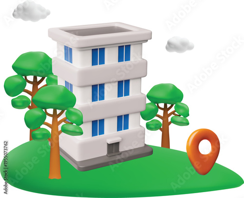 Hotel building with location pin vector illustration