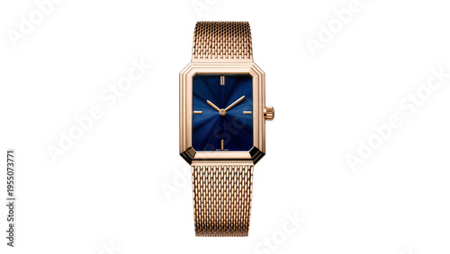 Konstfotografi Isolated luxurious rectangular rose gold women's watch with radiant blue sunburst dial and mesh band