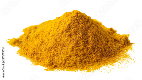 Tableau sur toile Isolated heap of bright yellow turmeric spice powder closeup on surface ready fo