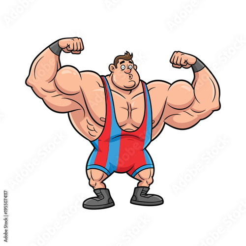 A muscular cartoon wrestler in a red and blue singlet, flexing his arms and standing on a plain white background. Perfect for sports, wrestling, and cartoon illustrations.