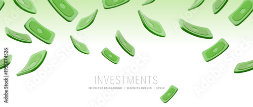 3D poster with falling dollar, green, and paper bills.