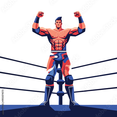A muscular wrestler vector illustration standing triumphantly in a wrestling ring with ropes, showcasing his physique in a dynamic pose. Perfect for sports, wrestling, and fitness content.