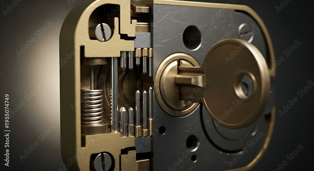 Fototapeta premium Close-up of a cutaway lock mechanism with a key inserted, showing internal components and springs.