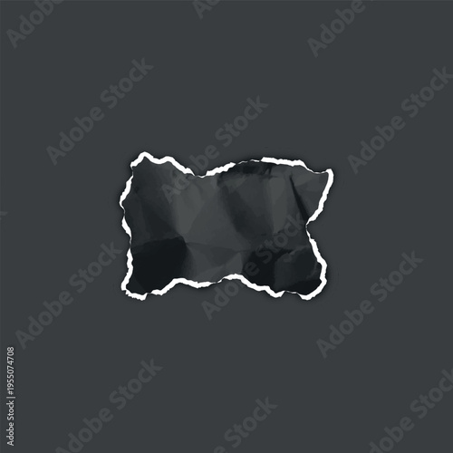 Black crumpled torn paper strip, torn sheet of paper rectangle fragment, vector realistic wrinkled scrap ripped edges