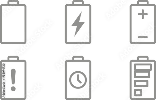 Battery icons set with various status indicators and symbols