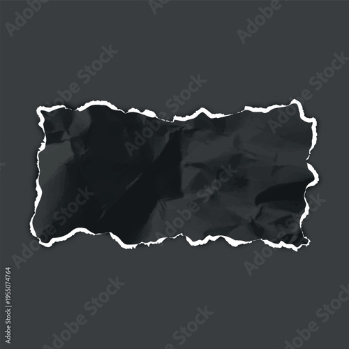 Black crumpled torn paper piece, torn sheet of paper rectangle fragment, vector realistic wrinkled scrap ripped edges