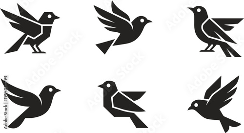 Six stylized black bird silhouettes in various flight positions and standing