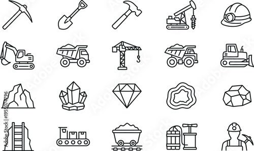A set of 20 mining and construction vector icons including tools, vehicles, and safety equipment for industrial design