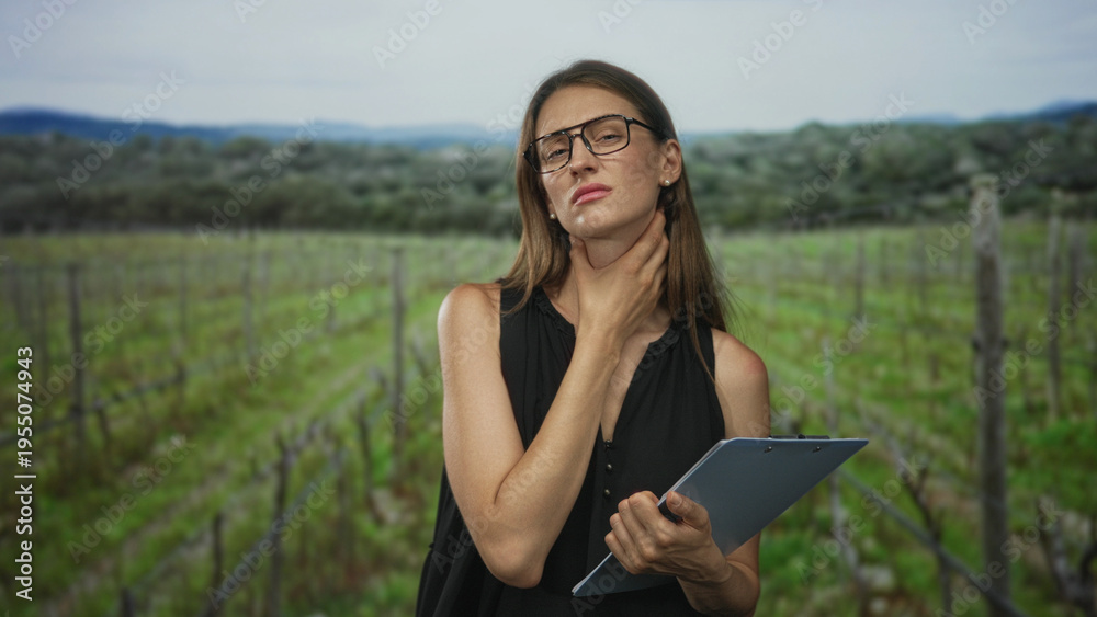 Obraz premium Woman holding clipboard with hand on throat and throat pain while inspecting vineyard rows in forest; discomfort crop inspection.