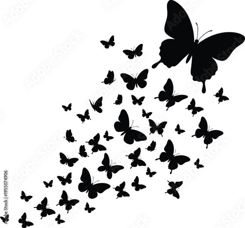 A large black butterfly leads a flock of smaller butterflies in flight, forming a dynamic and beautiful vector graphic illustration.