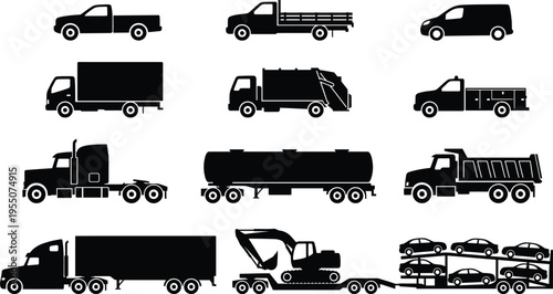 Various types of trucks and vehicles in black silhouette on white background