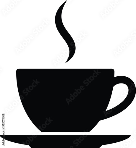 A black vector graphic illustration of a steaming hot cup of coffee on a saucer, depicted in a simple and modern design style.