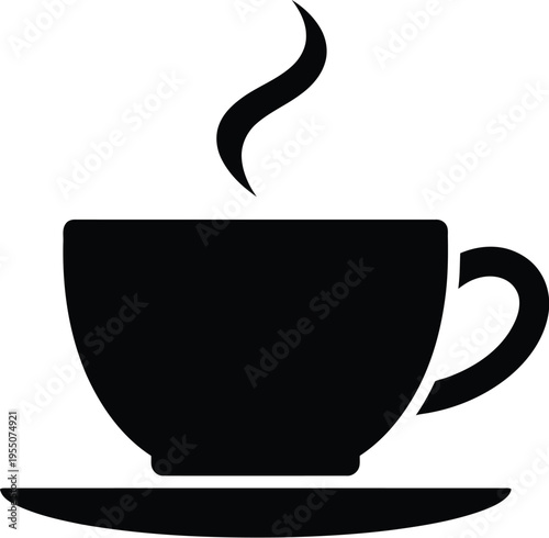 A simple black vector illustration of a steaming hot cup of coffee on a saucer, depicted in a minimalist style.