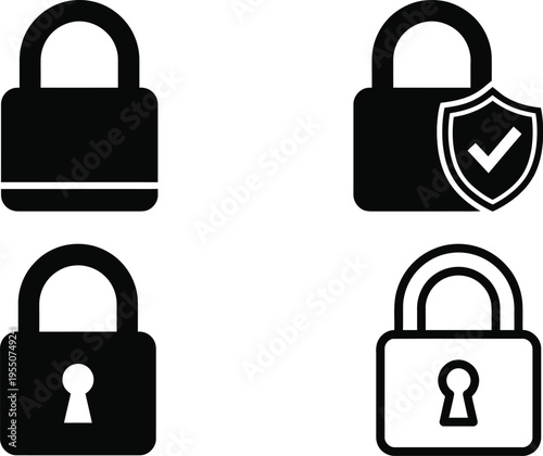 Vector graphic illustration of four distinct padlock designs and symbols used for security and protection
