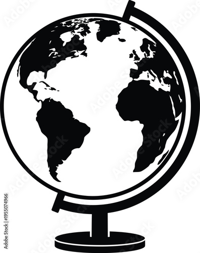 Black and white vector globe illustration with Americas visible