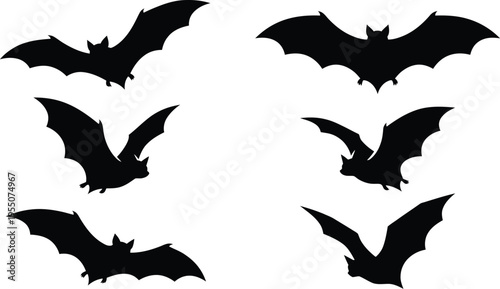 A set of six black bat silhouettes flying in different directions, showcasing various wing positions and angles in a vector graphic illustration.