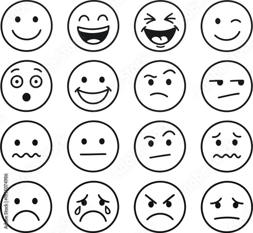 A set of 16 emoticon faces with various expressions and emotions, illustrated in a simple black line art vector style on a white background