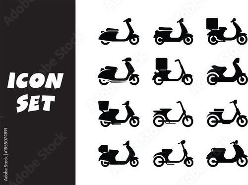 Diverse collection of stylized scooter icons in black and white design set