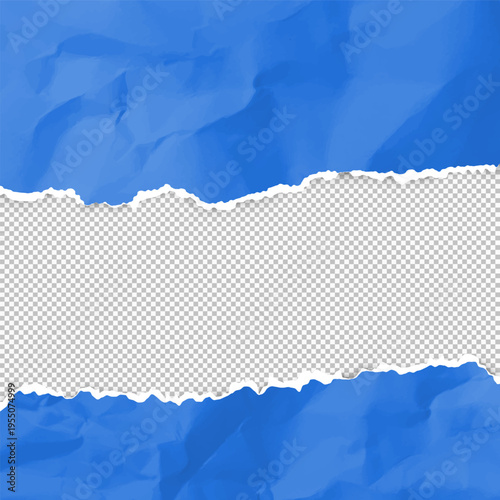 A frame of blue torn, wrinkled paper with jagged white edges and a transparent area in the center.