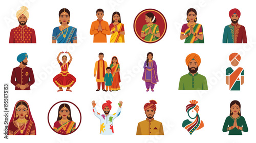Collection of diverse Indian people in traditional clothing, including couples, families, and individuals, in various poses and settings.
