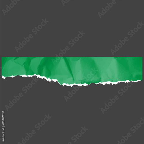 Green crumpled torn paper page strip bottom jagged edge, torn sheet fragment, vector realistic wrinkled cardboard scrap
