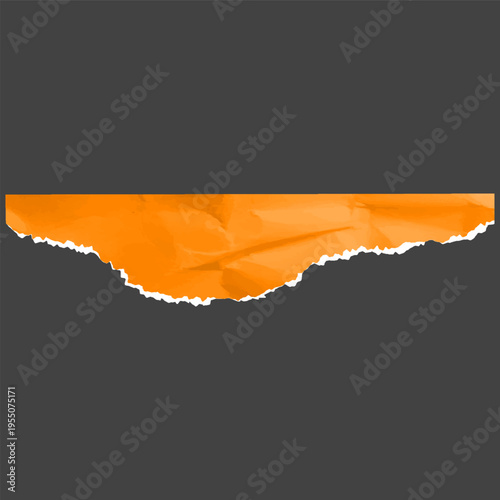Orange crumpled torn paper strip, torn sheet of page fragment, vector realistic wrinkled color scrap with jagged edge