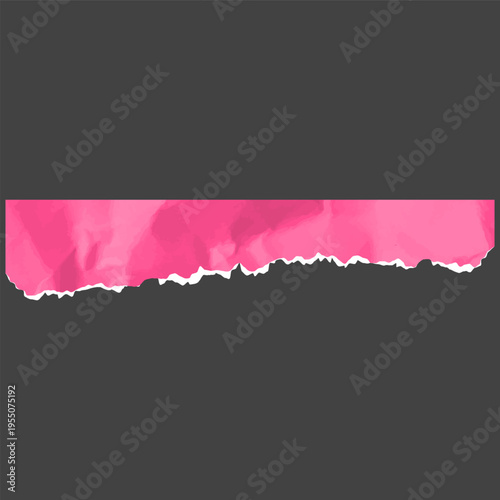 Pink crumpled torn paper strip, torn sheet page fragment, vector realistic wrinkled color scrap with ripped bottom edge