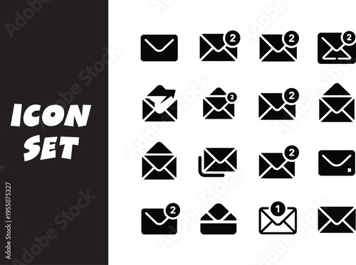 Black and white email and communication icon set for digital design projects