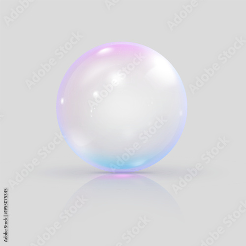 Realistic 3D transparent blue and pink glass ball with glares and shadow reflection, vector volume glossy crystal bubble