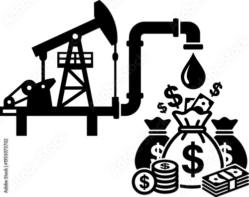 Oil pump producing oil drop flowing into money bags with dollar bills and coin stacks. Energy mining and profit income vector icon