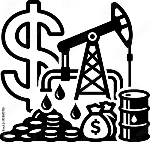 Oil derrick and dollar symbol with money and barrel. Crude oil extraction business, profit, and economy concept. Vector illustration